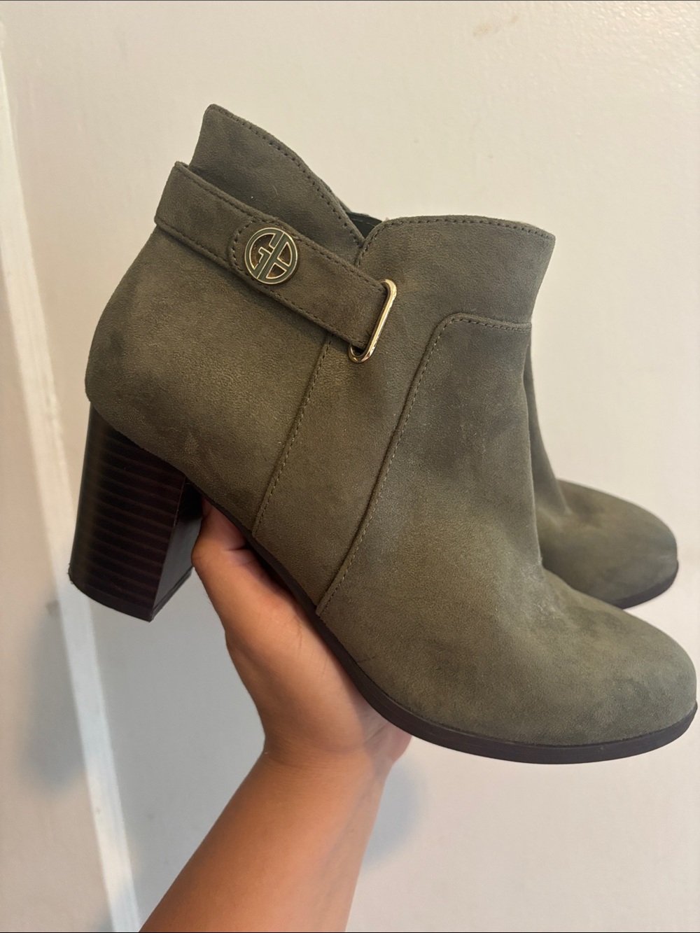 Women's Olive Suede Block Heel Ankle Booties with Gold Accent